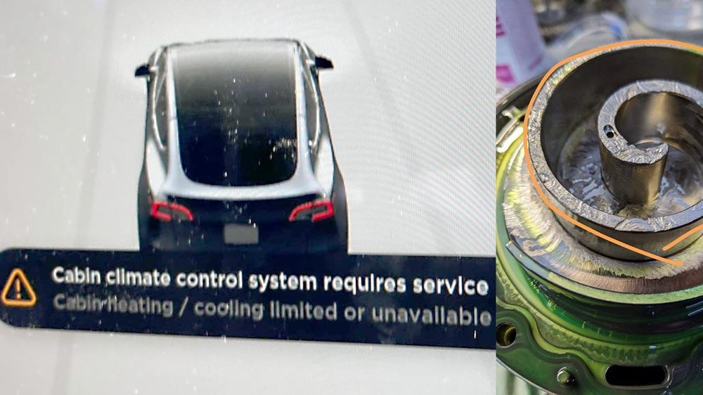 Tesla cabin climate control system requires service warning and worn heat pump compressor internals